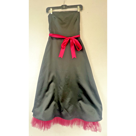 Vintage Y2K Formal Maxi Gown 7 Black Hot Pink Belt Goth Vampy Witchy Prom Dress - Picture 1 of 9